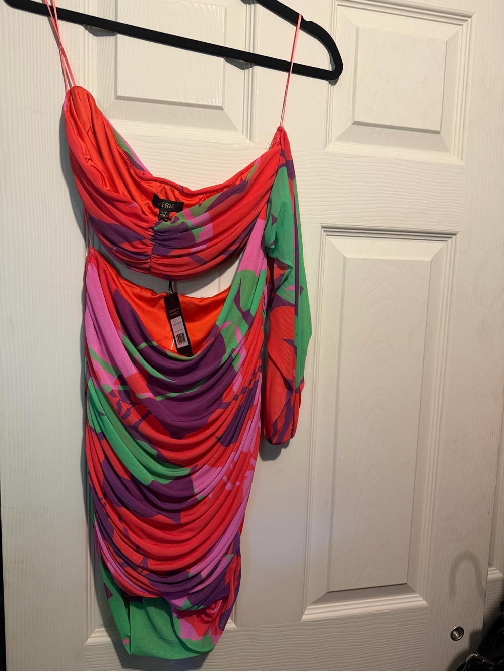 AFRM One-Shoulder Draped Mini Dress in Red, Purple, Green, Pink